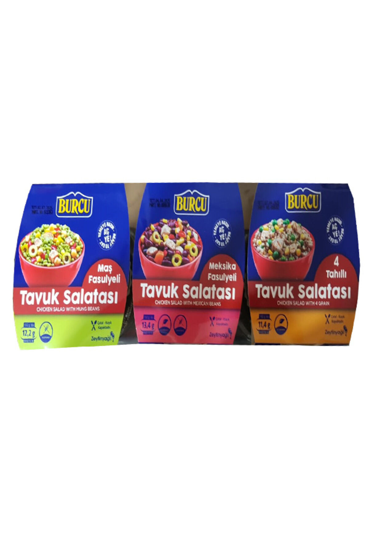 3'lü tavuk salata seti 150 gr (Maş Fasulyeli, 4 Tahıllı, Meksika Fasulyeli)