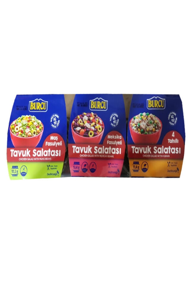 3'lü tavuk salata seti 150 gr (Maş Fasulyeli, 4 Tahıllı, Meksika Fasulyeli)